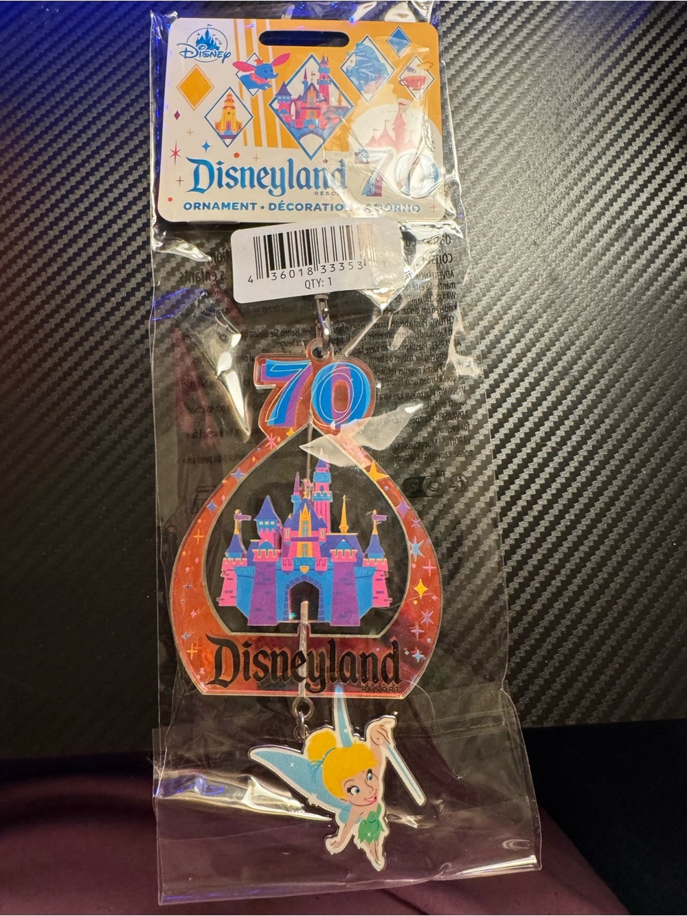 Disneyland 70th Anniversary Orange & Pink Castle Ornament with Tinker Bell